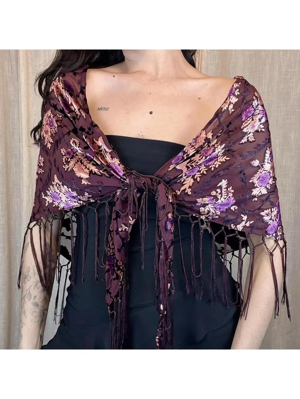 Floral Fringe Sheer Boho Shawl - Picture 2 of 5